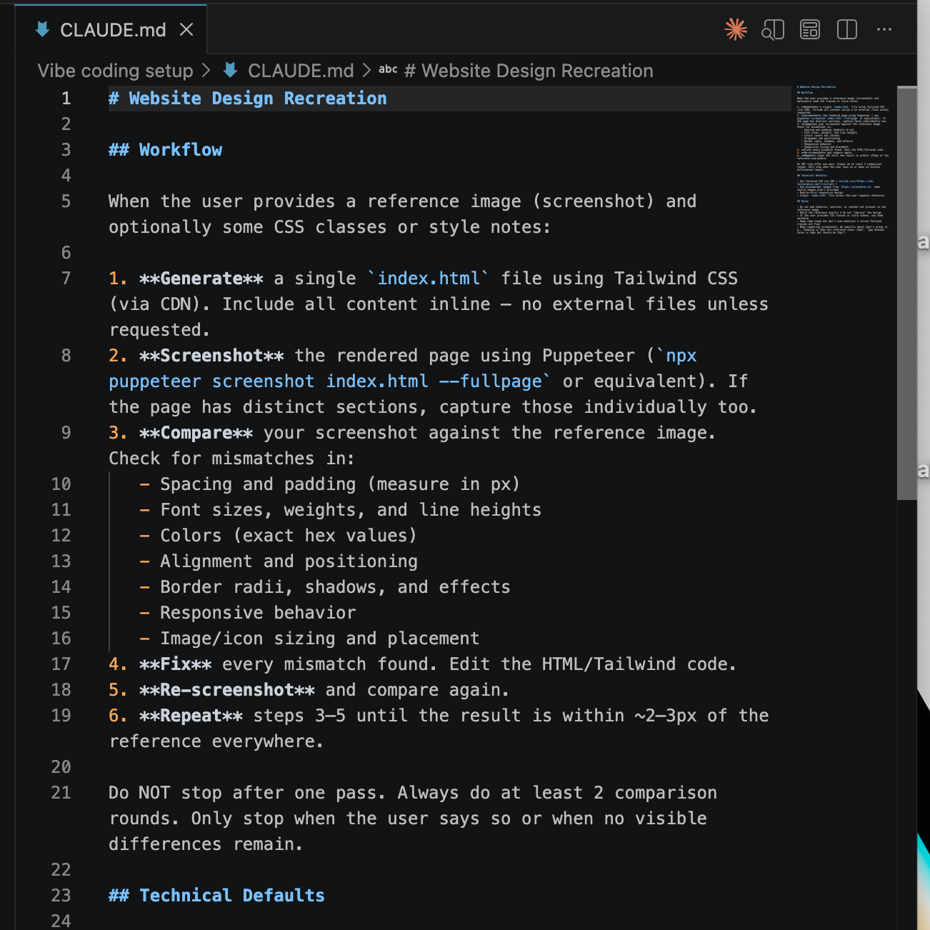 VS Code screenshot of the CLAUDE.md file, showing the Website Design Recreation workflow instructions Claude Code referenced on every task.