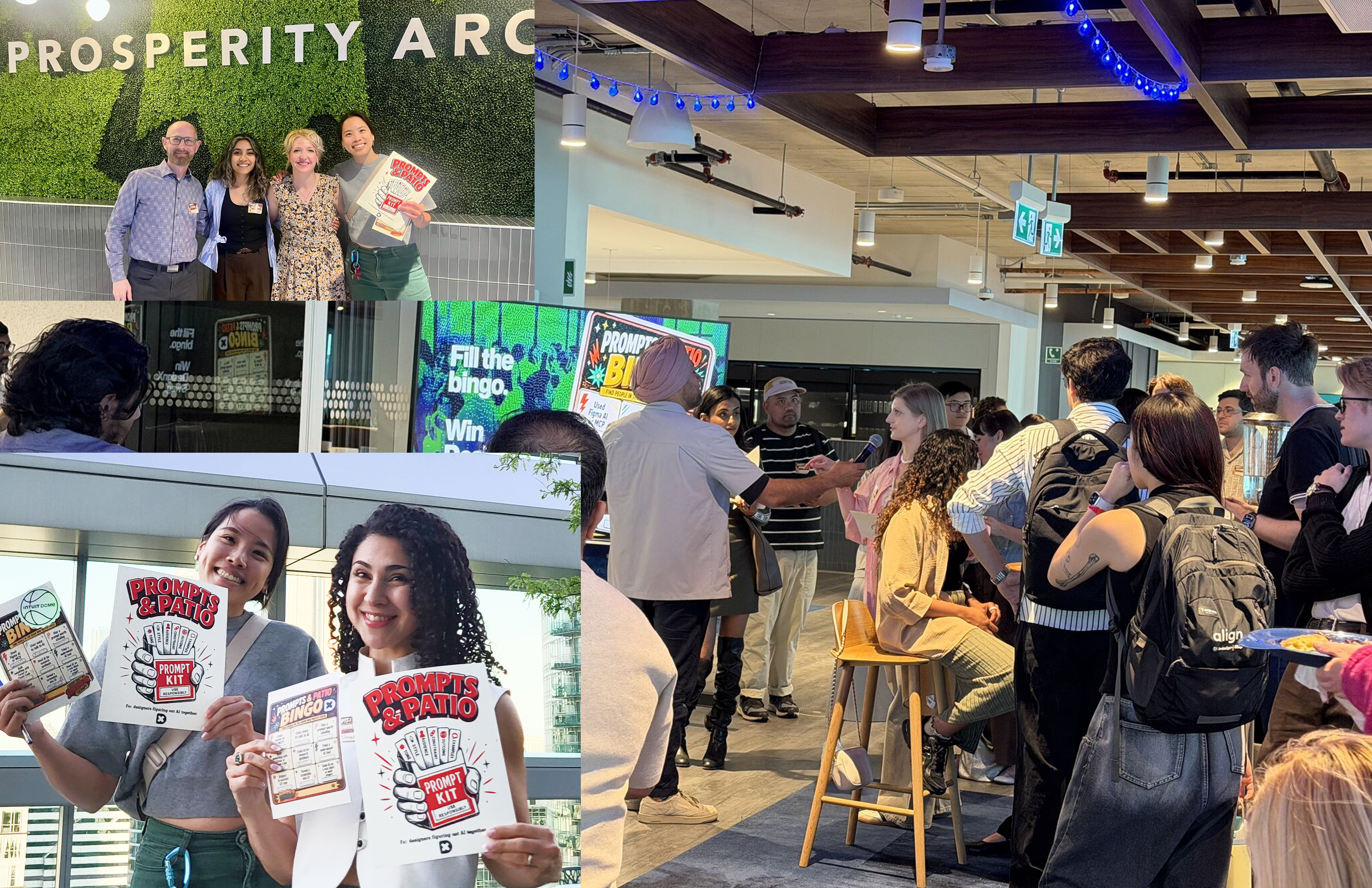 Photo collage from the Design X event in Toronto, including the Prosperity Arc booth and a Prompts & Patio prompt-kit bingo card