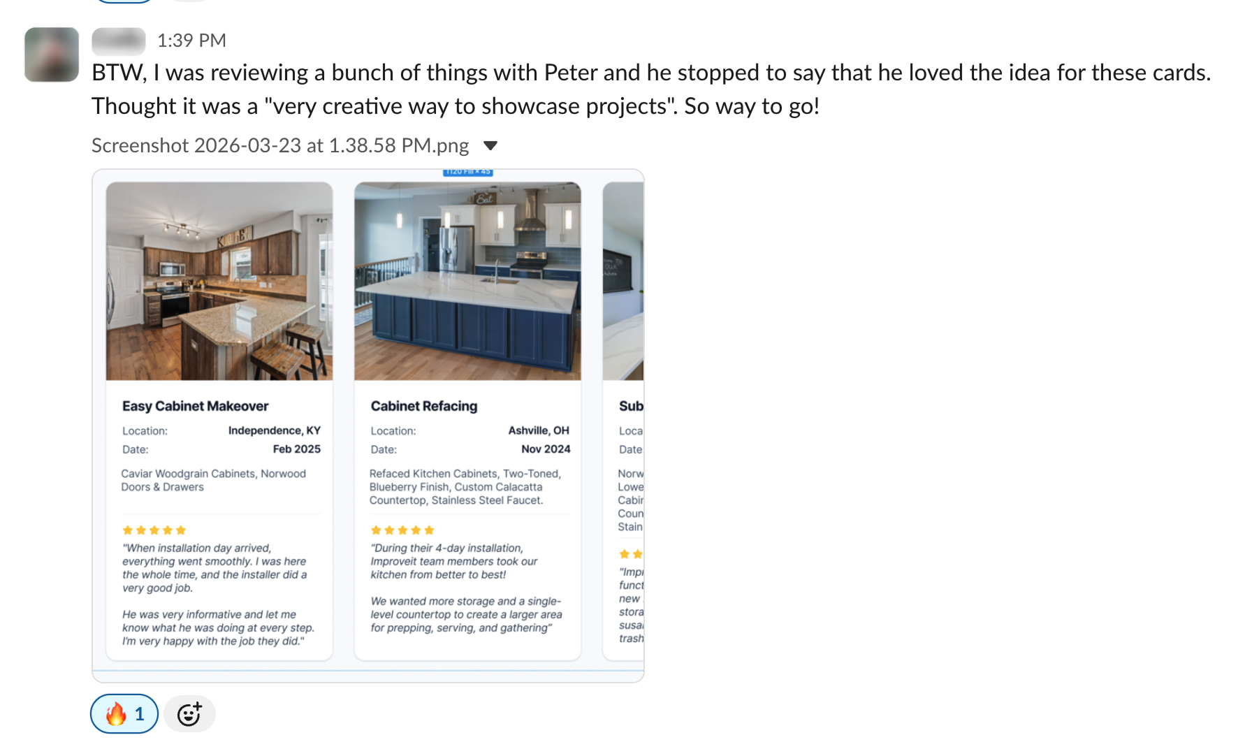 The past projects card layout showing project location, date, scope, and a 5-star review for each project