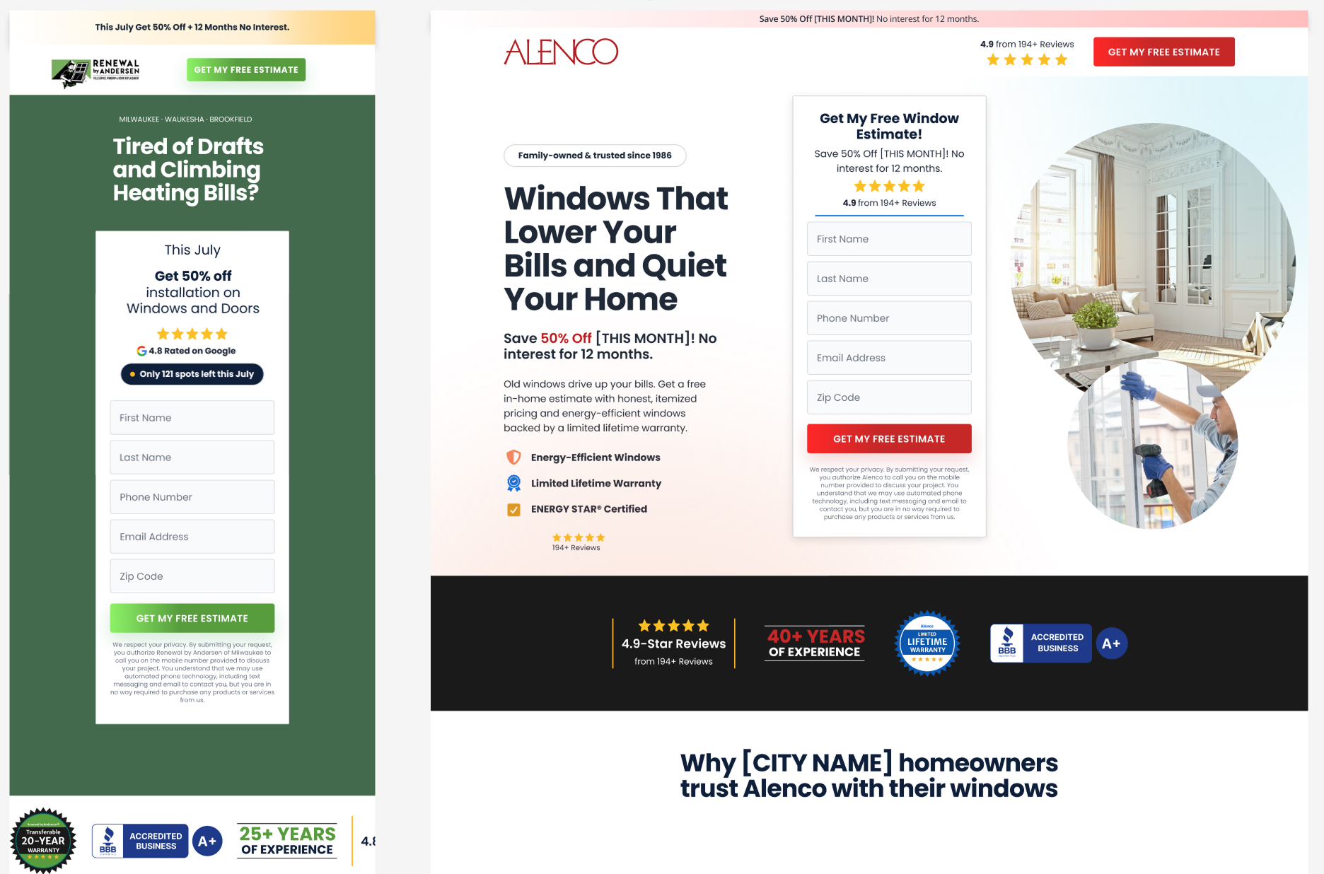 Finished Renewal by Andersen and Alenco Windows landing pages, side by side, both with a UVP-led hero, benefit-led form, and trust badges