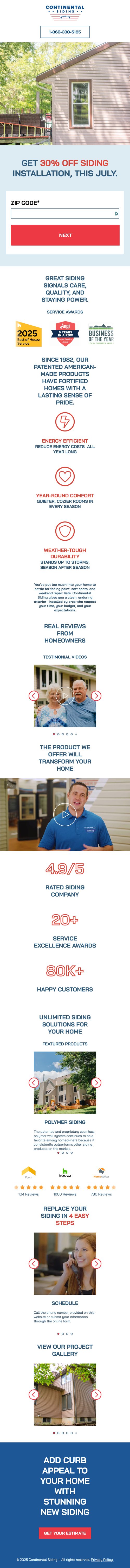 Continental Siding landing page — mobile