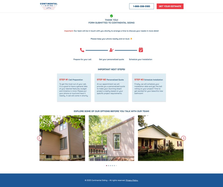 Continental Siding thank-you page — desktop