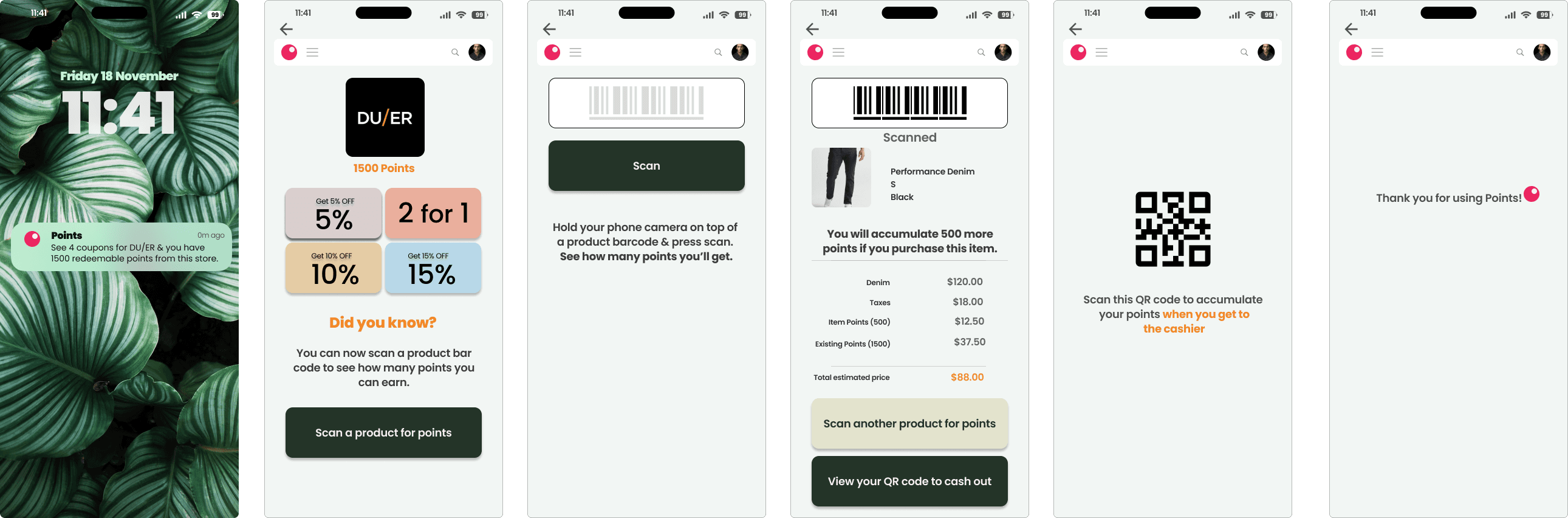 Hi-fi prototype screens — sign-in, store search, coupons, scanning, and QR checkout