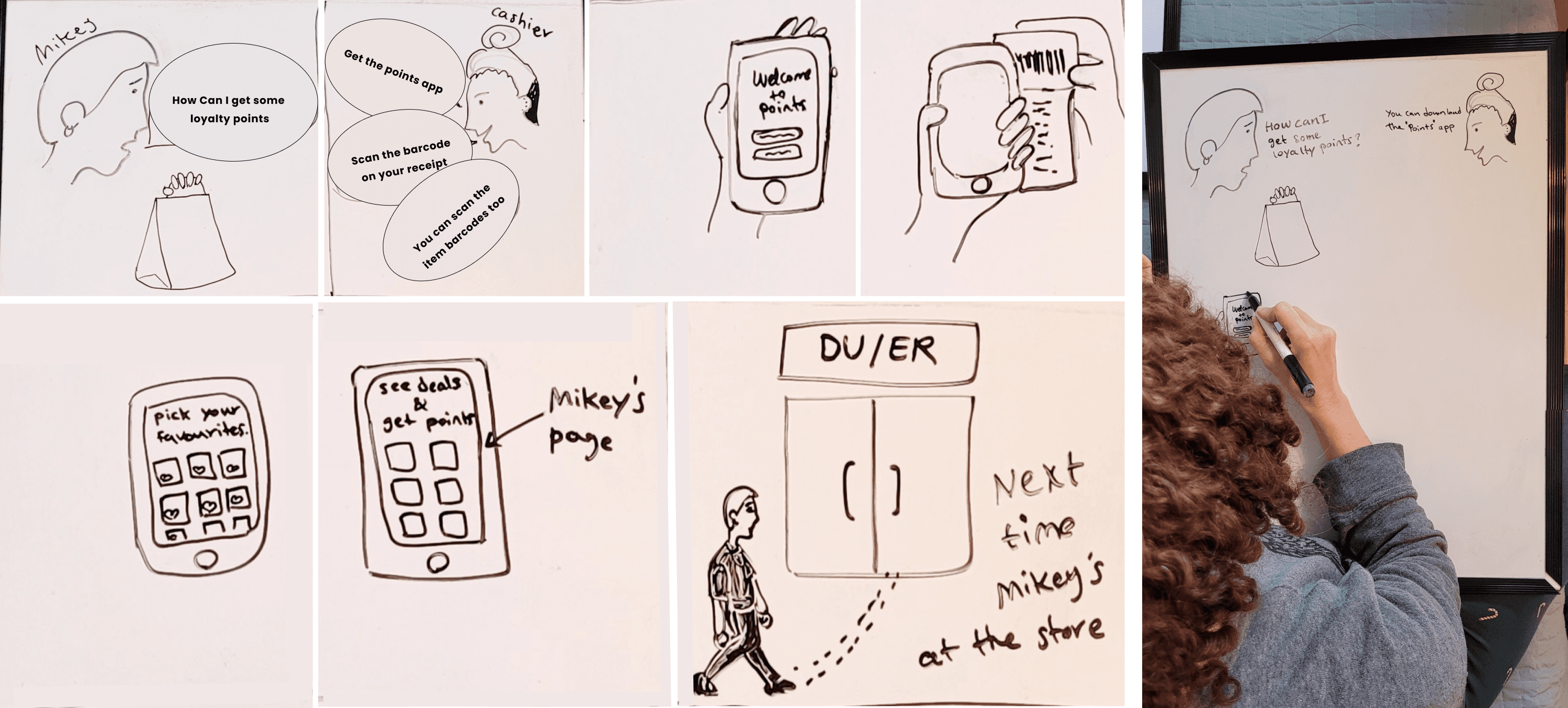 Storyboard of Mikey downloading and using the Points app in-store