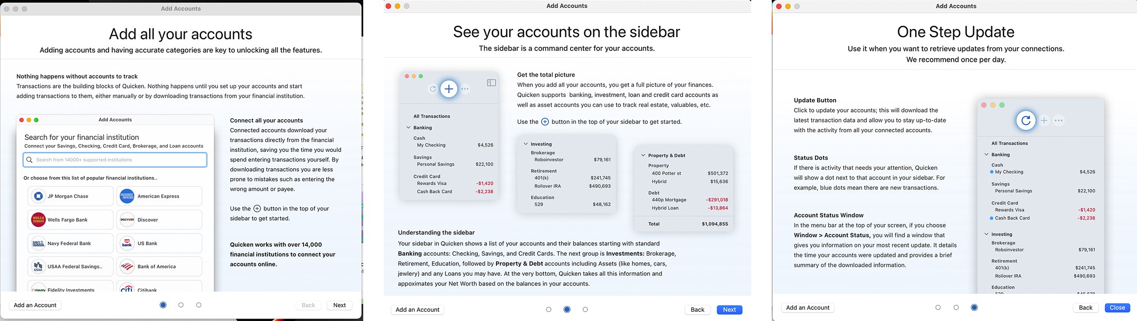 Three dense intro screens covering accounts, sidebar, and one-step update all at once