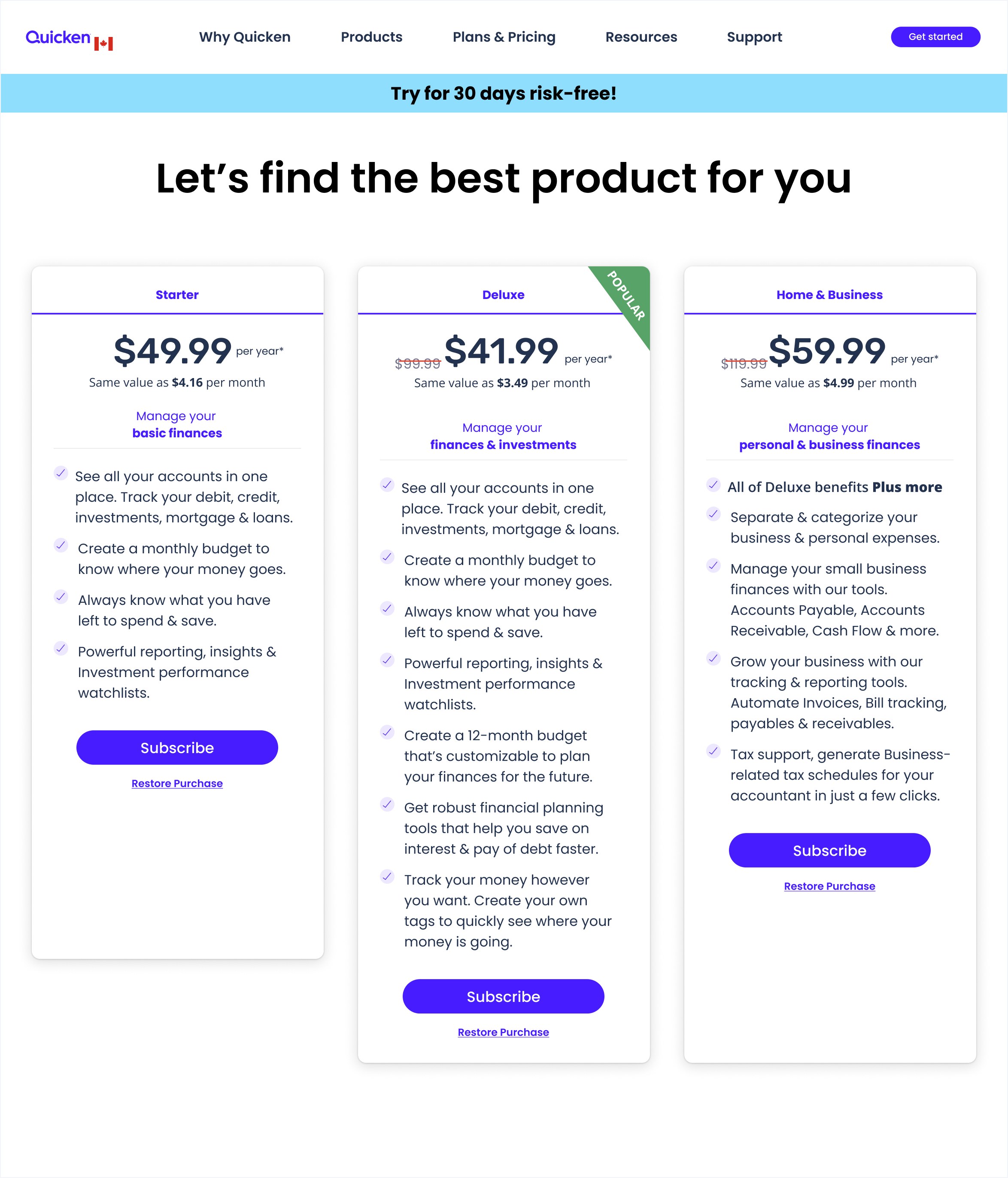 New plan and pricing page — desktop, consistent blue branding