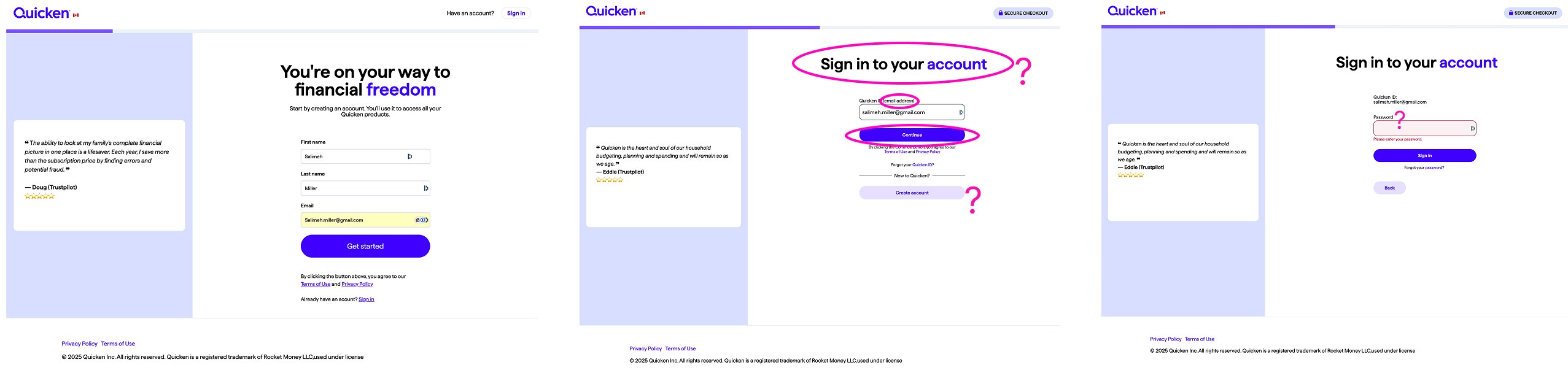 Current state: create account, then a confusing sign-in screen asking for email again, then password