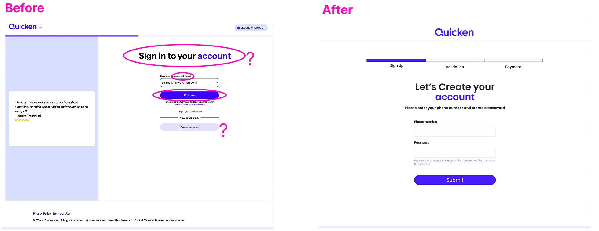 Improved state: single clear Create your account step with phone number and password