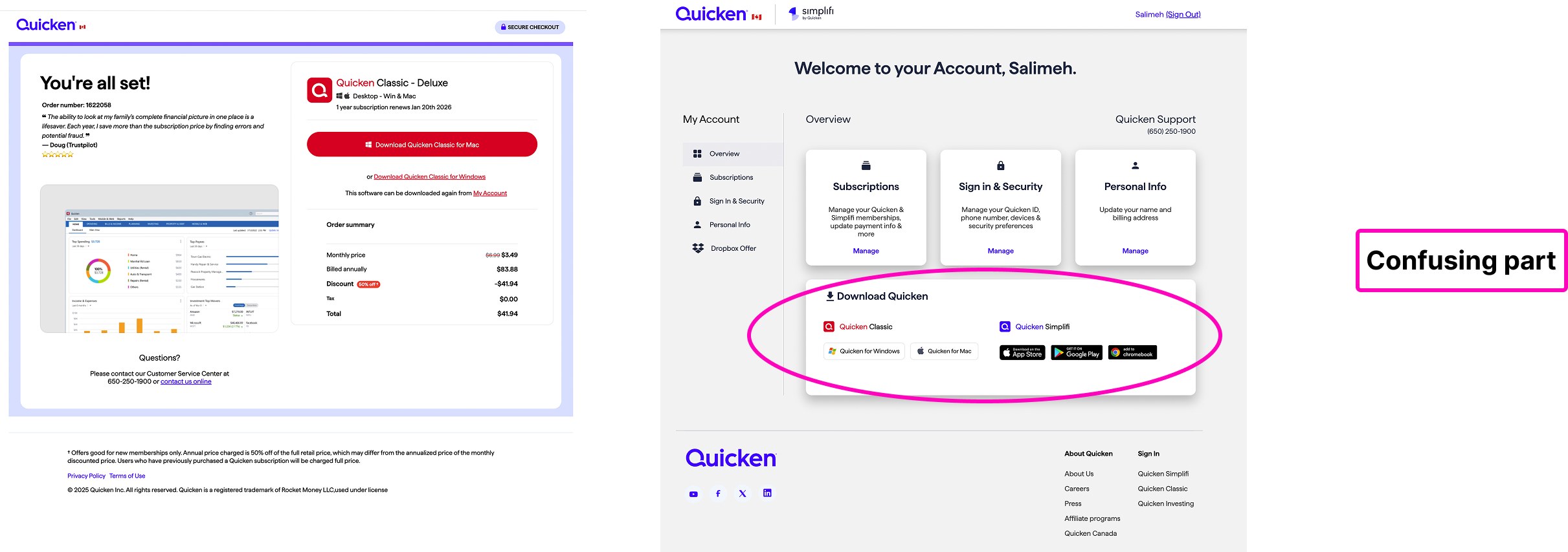 Clear download confirmation next to a confusing My Account page showing both Quicken Classic and Simplifi download options