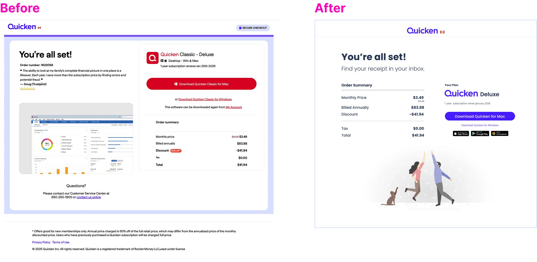Software download confirmation before and after — consistent Quicken Deluxe branding